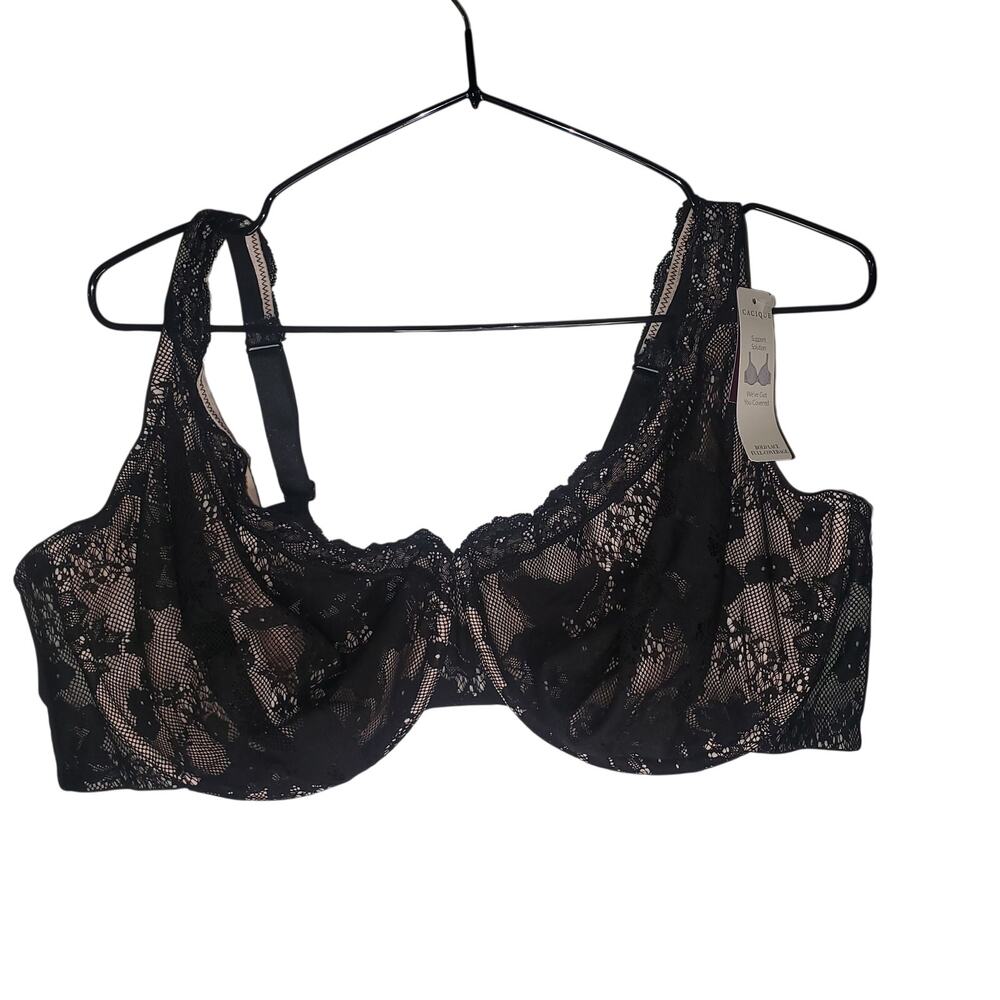 Cacique Bold Lace Full Coverage Underwire Bra Black Nude 46DDD NWT